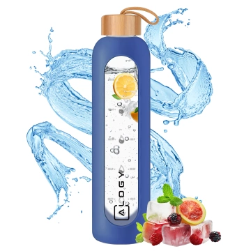 Velká skleněná láhev, láhev na pití Alogy Motivační odměrka 1l 1000ml, silikonové pouzdro Modré