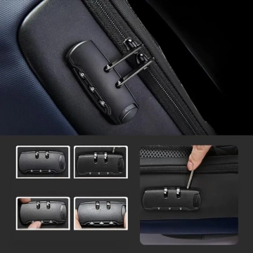 Vodotesný batoh Bange s ochranou proti krádeži na 15,6" notebook, cestovanie po meste, 48x30x16 cm, do práce, do lietadla, pánsky, dámsky, s USB portom a kombinačným zámkom, námornícka modrá