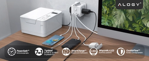 Sieťový rozbočovač rozbočovač Nabíjací adaptér zlodej 3 zásuvky EU 3x USB USB-C C 7v1 Alogy Biela