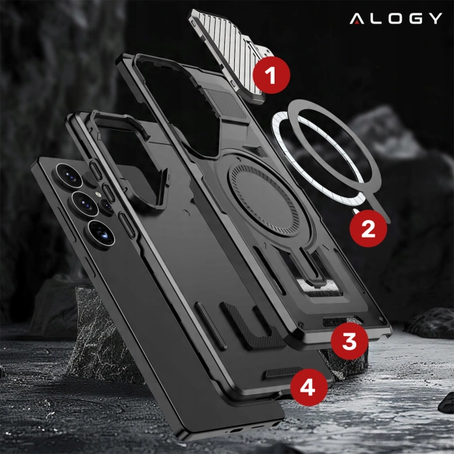 Etui do Samsung Galaxy S25 Ultra Case do MagSafe Wzmocniona Pancerna ochrona obiektywów z funkcją podstawki obudowa ochronna na telefon Alogy HeavyDuty Mag™️Czarne