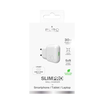 GaN Puro SLIMPRO 30W USB-C PD nástěnná nabíječka bílá kompaktní