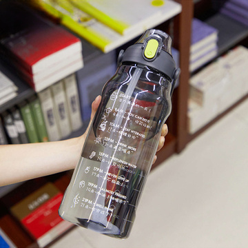 Flasche, Trinkflasche mit Strohhalm, 1,5l, motivierend, mit Erinnerung, mit motivierender Maßnahme, mit Griff, schwarze Waschbürste