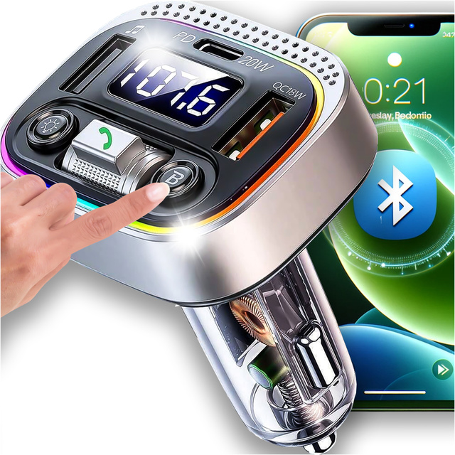 Bluetooth FM MP3 Car Transmitter Fast Charger 2 x USB QC 3.0 USB-C C PD 20W LED RGB Alogy Car silver
