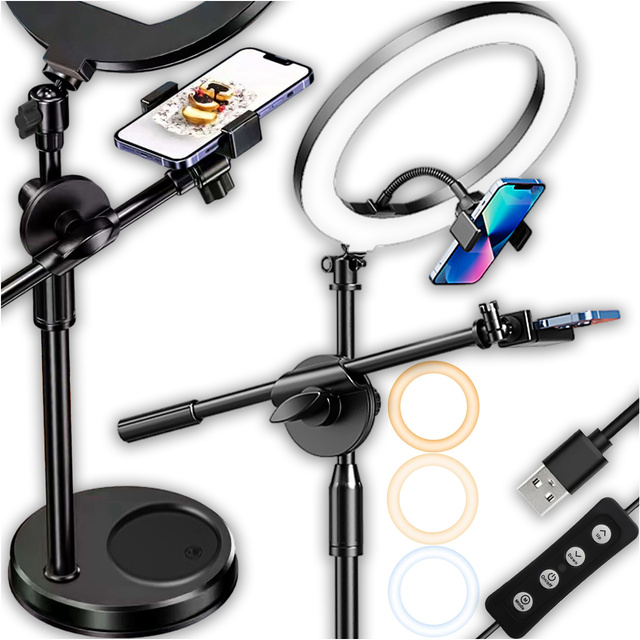 Kruhová LED kruhová lampa 10" 2x držák telefonu stojící stativ na stole s nastavitelným rámem Alogy Black