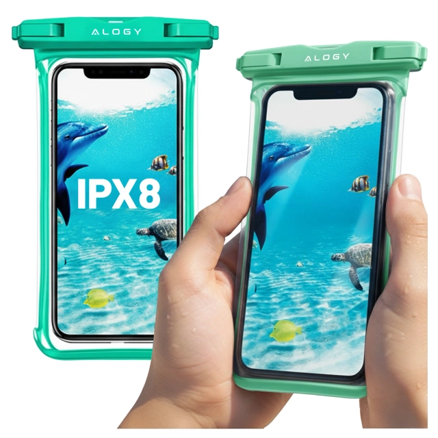 Etui Wodoodporne Uniwersalne IPX8 do Telefonów do 6.5", Wodoszczelna Ochrona na Plażę, Basen i Kajak, Dotykowy Front i Pasek na Szyję, Alogy HydroShield™ – Zielone
