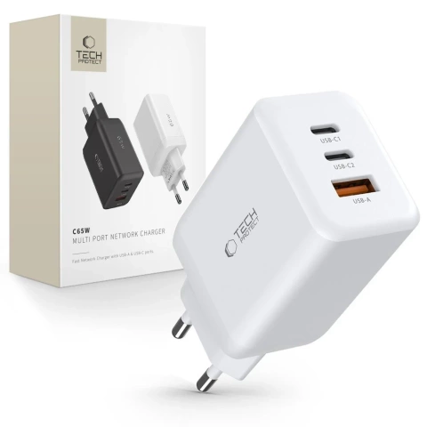 C65W 3-портовий мережевий зарядний пристрій PD65W/QC3.0 2-портовий USB-C 1 порт USB-A Білий