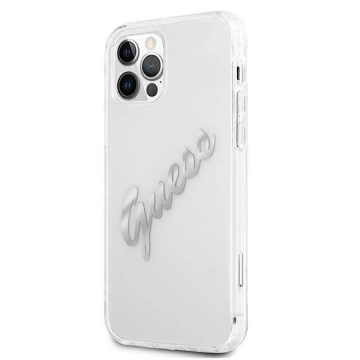 Guess GUHCP12MKTRSVSI iPhone 12/12 Pro 6,1" průhledný pevný obal Vintage Script Silver