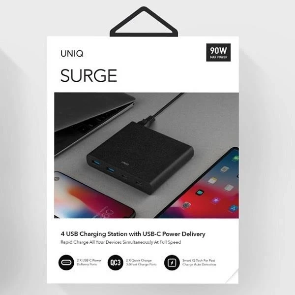 UNIQ Ład. siec. HUB Surge 90W czarny /charcoal black 2xUSB Quick Charge 3.0 2xUSB-C PD 3.0 (LITHOS Collective)