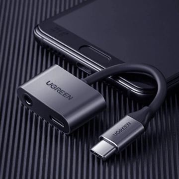 Зарядний адаптер Ugreen CM193 USB-C на 3,5 мм Mini Jack USB-C сірого кольору