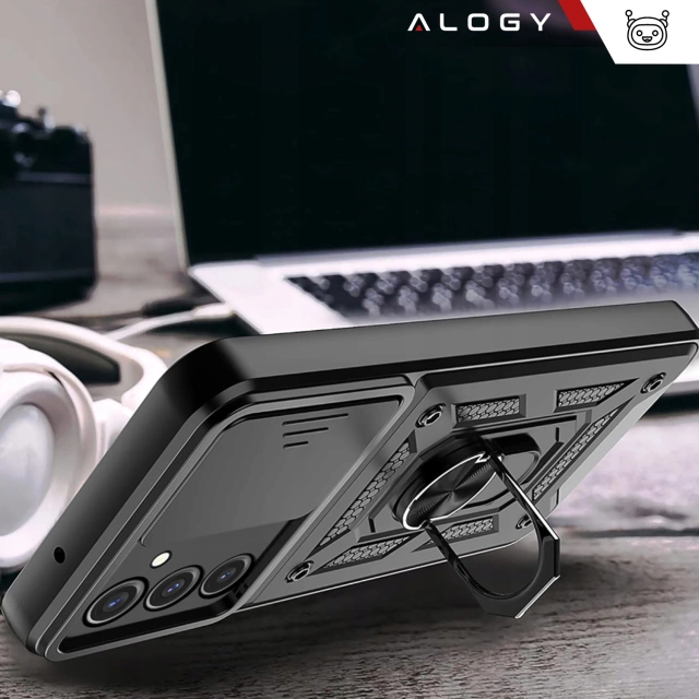 Etui do Samsung Galaxy S25+ Plus pancerne Slide Case Ring obudowa ochrona aparatu Camshield Alogy czarne + Szkło