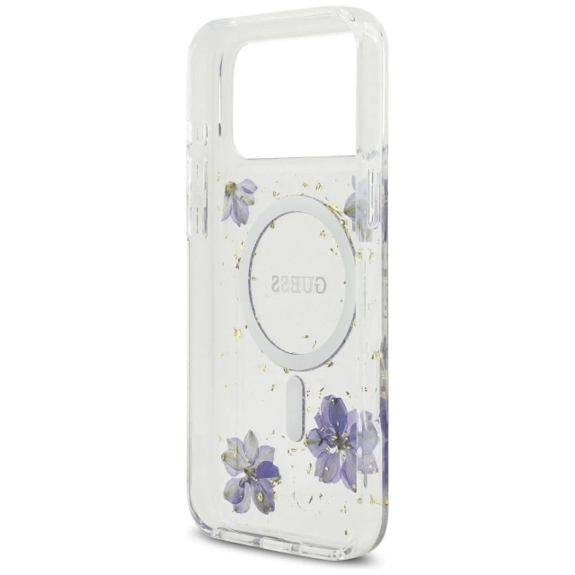 Etui Guess Resin Flowers Glitter MagSafe na iPhone 17 Pro Max - Fioletowe
