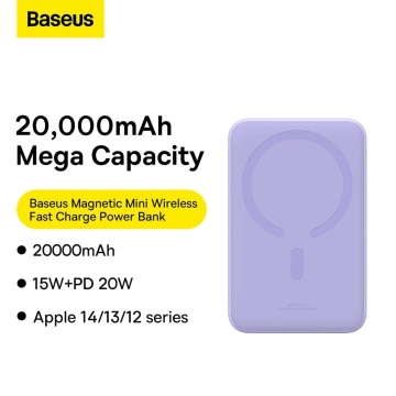 Baseus Magnetic Mini 20000 mAh 20W Powerbank – lila USB-C / USB-C-Kabel