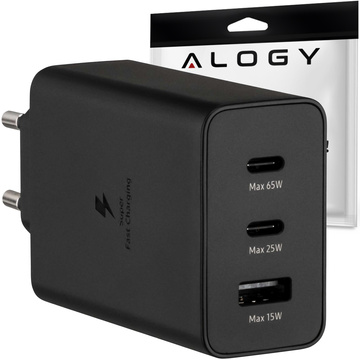 Schnelles 65-W-Ladegerät, 2 x USB-C Typ C PD, USB-A, USB Alogy, 3 Anschlüsse, starkes schwarzes Gehäuse