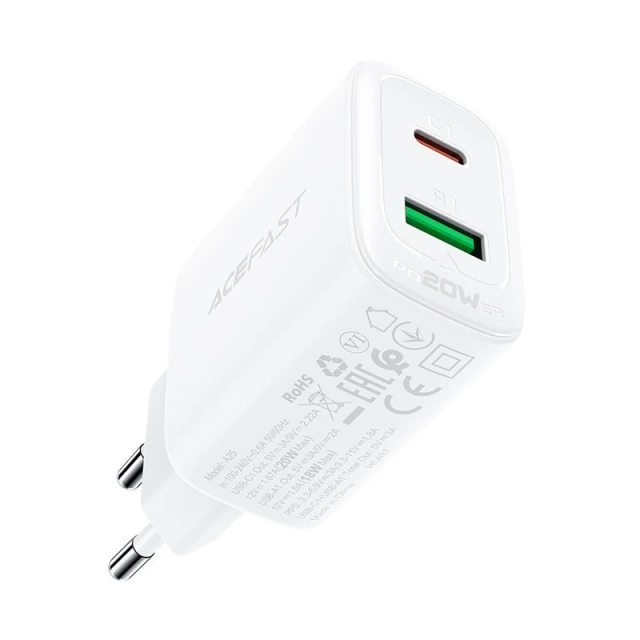 Acefast Wandladegerät USB Typ C / USB 20W, PPS, PD, QC 3.0, AFC, FCP weiß (A25 weiß)