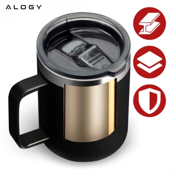 Thermobecher 420 ml mit Henkel und Deckel für Kaffee, Tee, Stahl, Kalt- und Heißgetränke, Alogy Black