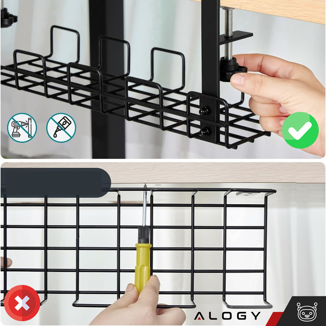 Cable organizer, shelf holder under the table top for cables, desk strips, under-desk aluminum 38.5cm Alogy Black