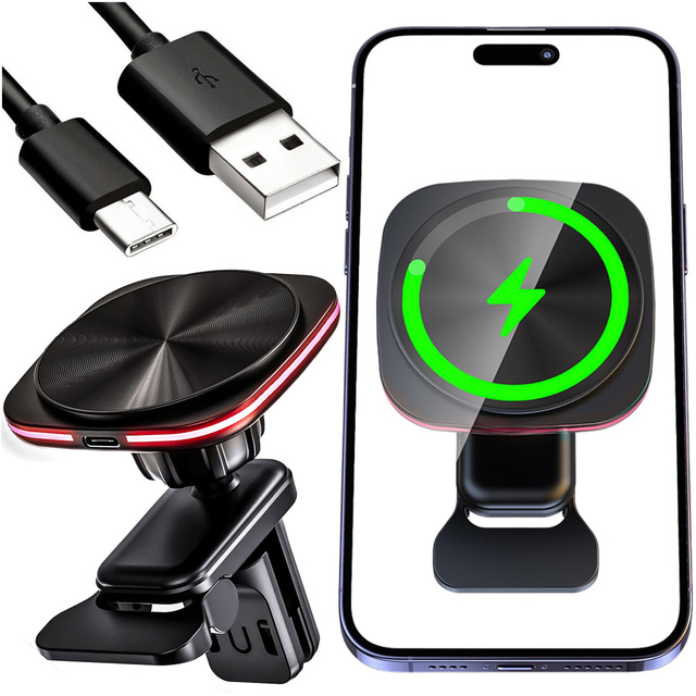 Držiak na mriežku do auta s nabíjačkou Mag Safe 15w pre iPhone LED PD QC 3.0 do vetracieho otvoru auta Alogy black