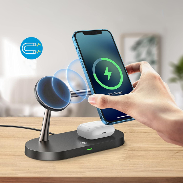 Qi Mag Safe 15W induktives Ladegerät für iPhone Apple Watch AirPods kabellose 5-in-1-Dockingstation Schwarz