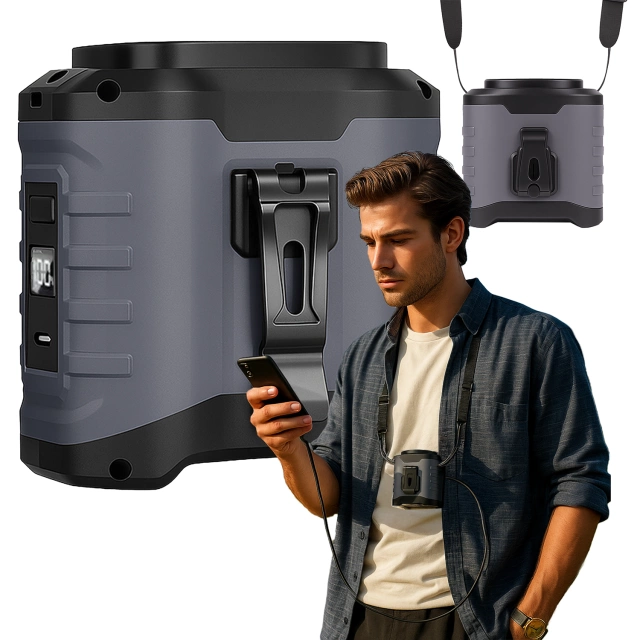 Fan with belt clip, 4000 mAh battery, 5 speed levels, 8-40 hours runtime, USB charging, for use on construction sites, outdoors, hiking, for summer work, power bank