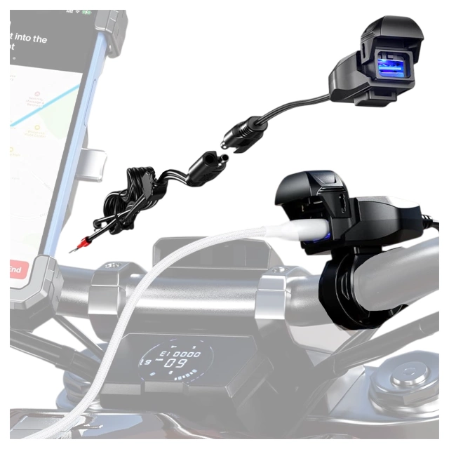 Motocyklová nabíječka Kewig USB-A 18W, rychlé nabíjení QC, vodotěsná IP65 s vypínačem a LED podsvícením, upevnění na řídítka, pro telefon, kameru, interkom – černá