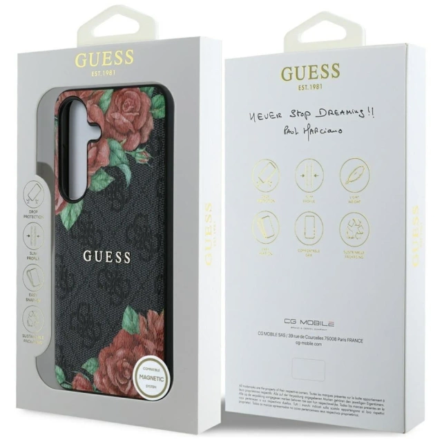 Etui Guess 4G Flowers Print MagSafe do Samsung Galaxy S25 Czarny