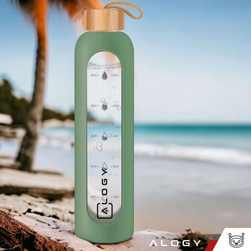 Große Glasflasche, Trinkflasche Alogy Motivational Messbecher 1l 1000ml, Silikonhülle Olive