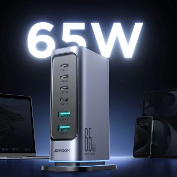 Joyroom 65W GaN multiportová nabíjačka, 4x USB-C, 2x USB-A, tmavo šedá