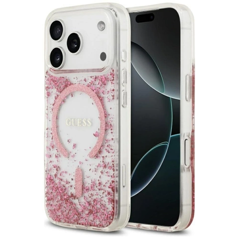 Etui Guess MagSafe do iPhone 17 Pro Resin Bottom Glitter Pink