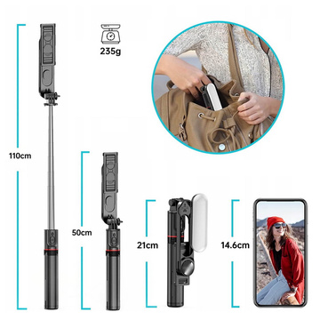 Selfie Stick statív L15 Statív L15 Držiak telefónu s LED lampou Bluetooth diaľkové ovládanie čierny