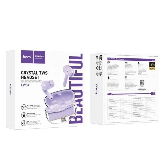 Бездротові Bluetooth-навушники HOCO EW54 TWS – фіолетові з зарядним кейсом