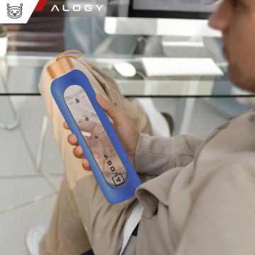 Velká skleněná láhev, láhev na pití Alogy Motivační odměrka 1l 1000ml, silikonové pouzdro Modré