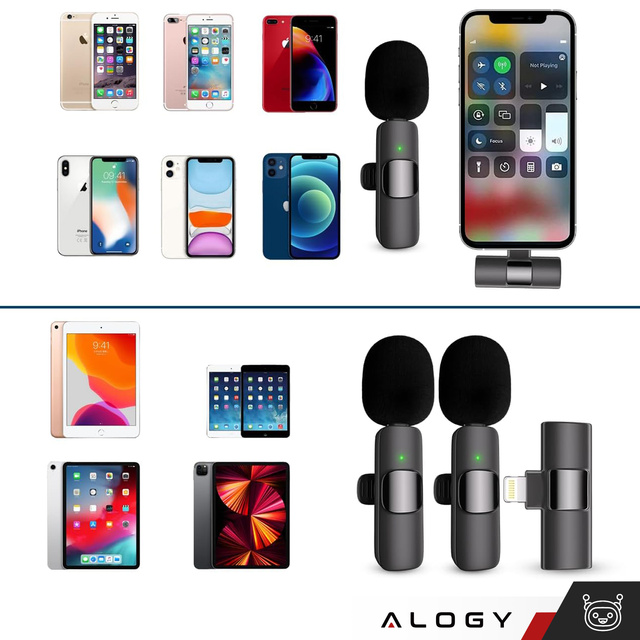 2x Бездротовий петличний мікрофон Alogy Lightning для Apple iPhone iPad Невеликі мікрофони Набір із двох мікрофонів