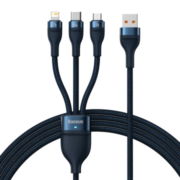 Kábel USB 3w1 Baseus Flash Series, USB-C micro USB Lightning, 66W, 1,2 m (niebieski)