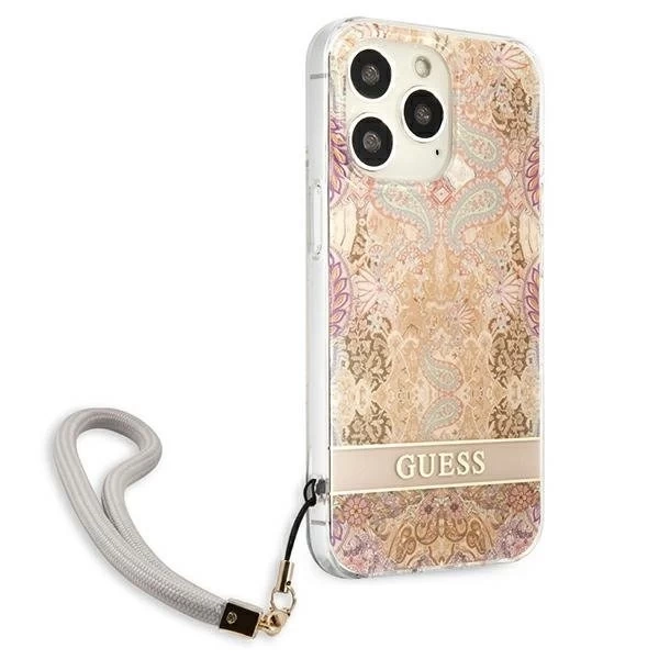 Guess GUHCP13LHFLSD iPhone 13 Pro / 13 6,1" złoty/zlatý pevný obal Flower Strap