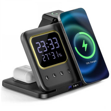 WIRELESS FAST CHARGING STATION 5-in-1 LED CLOCK 15W USB-C to MagSafe for Apple iPhone Watch AirPods with clock and hygrometer Black