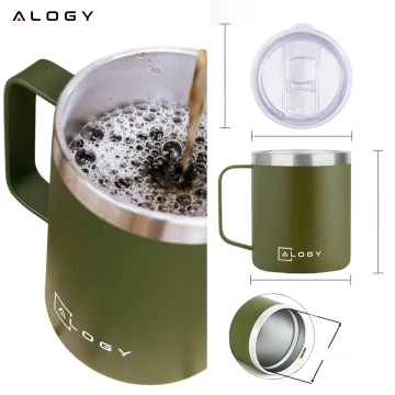 Thermal mug 420 ml with handle and lid for coffee, tea, steel, cold and hot drinks Alogy Green
