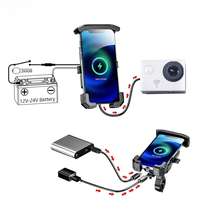 KEWIG M14-A1 Motorrad-Lenkerhalterung mit Qi PD USB-C-Ladegerät für Motorrad, Quad, Roller, Schwarz