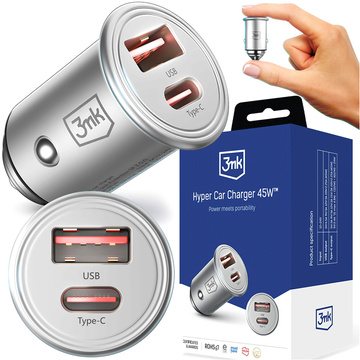 45W USB автомобільний зарядний пристрій USB-C Type C швидкий 3mk Hyper Car Charger срібний