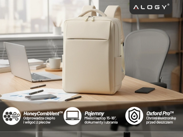 Alogy UrbanPack Pro™ Business-Rucksack für 15-16"-Laptops – Wasserdicht, stoßfest, mit Flaschenfach und Gepäckgurt – Beige