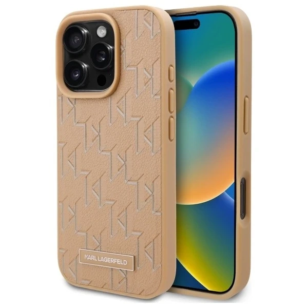 Etui Karl Lagerfeld do iPhone 16 Pro 6.3" Beżowy MagSafe Hardcase Leather Monogram Metal Logo 