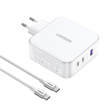 GaN Ugreen Nexode USB-A/2xUSB-C 140W Wall Charger USB-C Cable 1.5m - White