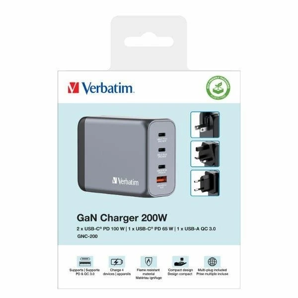 Verbatim GaN 200W 3xUSB-C/USB-A Adapter Charger