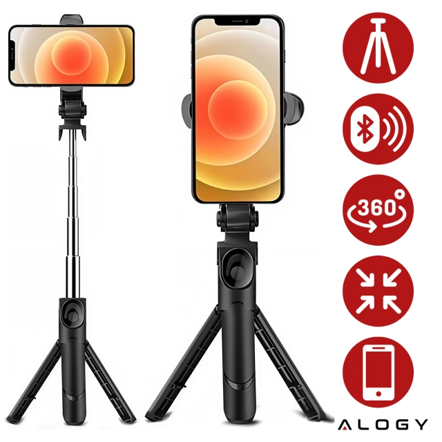 Selfie stick statyw Tripod uchwyt na telefon Alogy Trójnóg kijek do zdjęć selfie pilot Bluetooth 360 Czarny