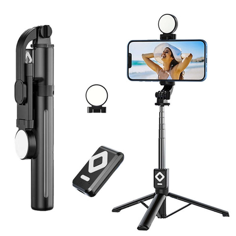 Držiak telefónu na selfie tyč Statív Ring LED Statív s diaľkovým ovládaním Bluetooth čierny
