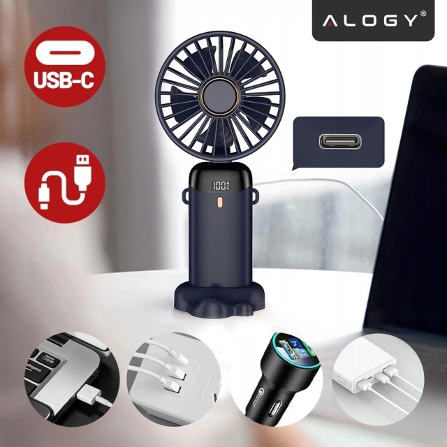 Fan Fan Handheld Fan Wireless Alogy Desktop Portable Handheld with Phone Holder USB-C Navy Blue