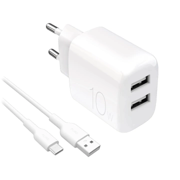 Ładowarka Puro PROLITE 10W 2x USB-A + kabel USB-A–USB-C 1,2 m – biała