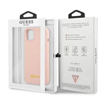 Guess GUHMP13MLSLMGLP iPhone 13 6,1" jasný/svetloružový pevný obal Silicone Script Gold Logo Magsafe