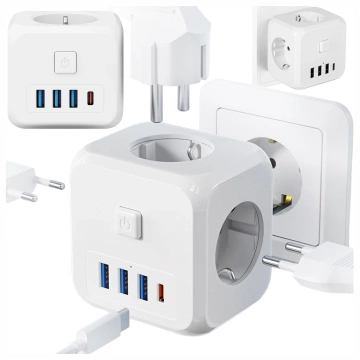 Sieťový rozbočovač rozbočovač Nabíjací adaptér zlodej 3 zásuvky EU 3x USB USB-C C 7v1 Alogy Biela