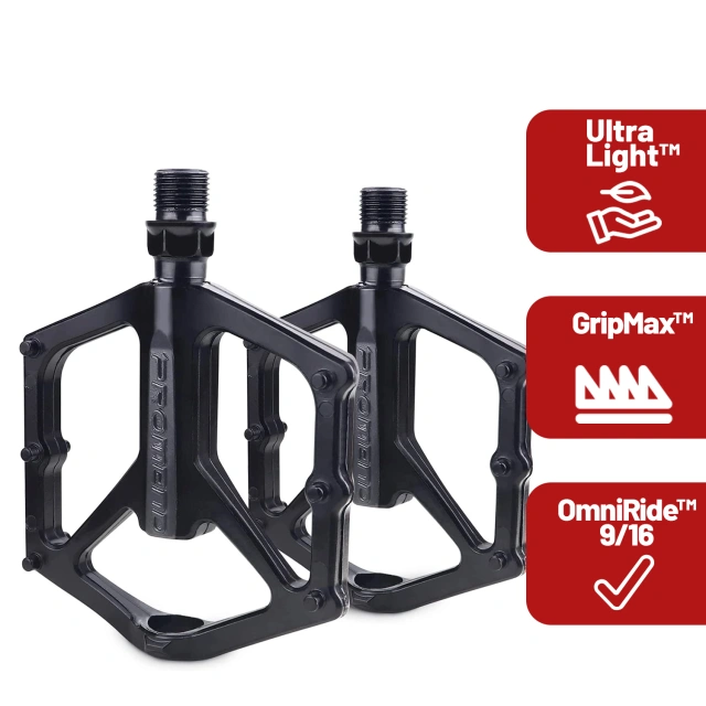 Pedały rowerowe platformowe MTB – aluminiowe, lekkie i wytrzymałe, 9/16”, szeroka platforma, antypoślizgowe piny – RideForce™ Czarne