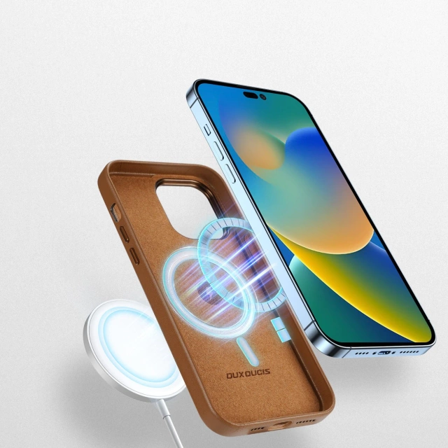 Dux Ducis Grit Ledertasche für iPhone 14 Pro Max Elegante Kunstlederhülle (MagSafe-kompatibel) Braun